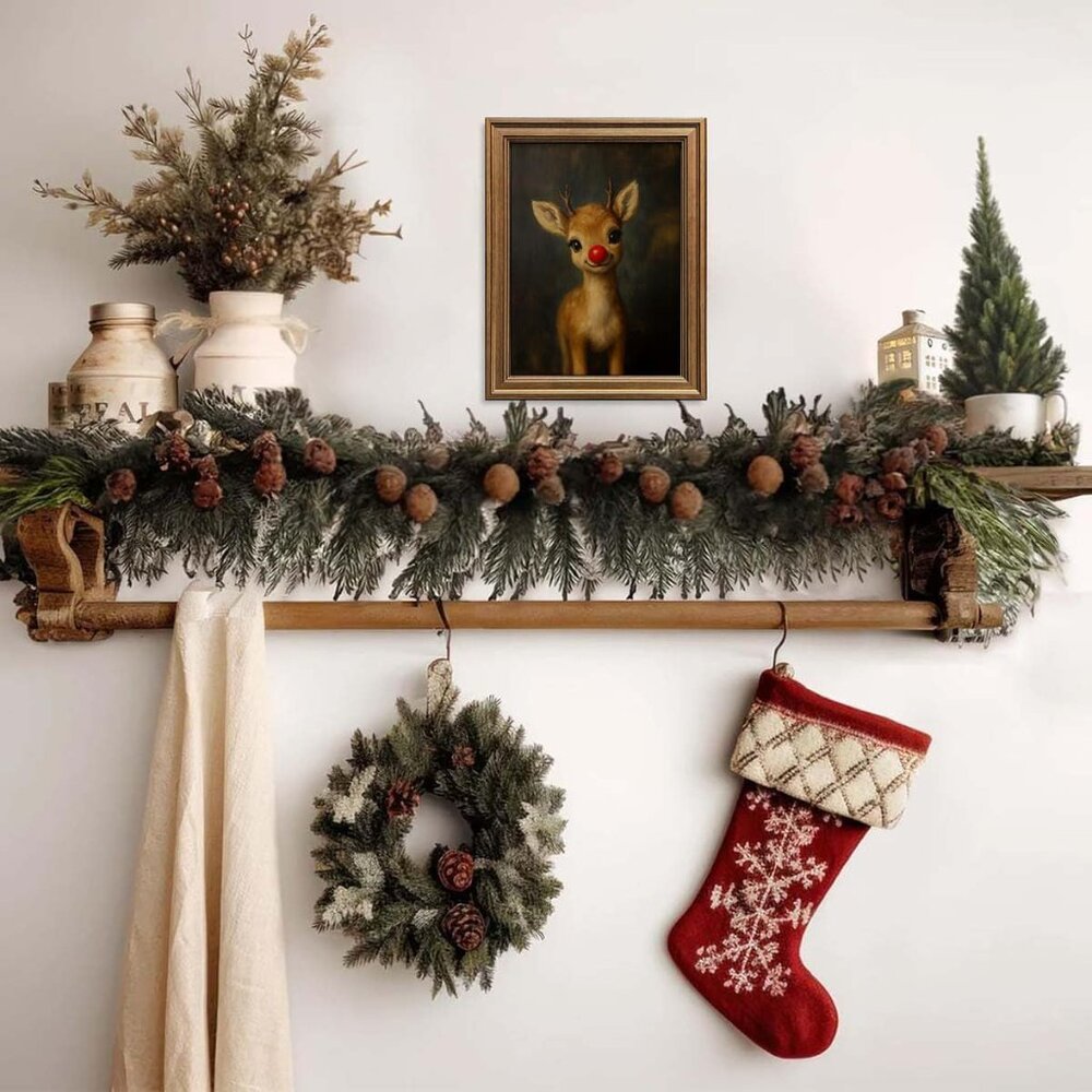 Vintage Christmas Wall Art Decor Gold Framed Clown Reindeer Picture Painting - Picture 5 of 7